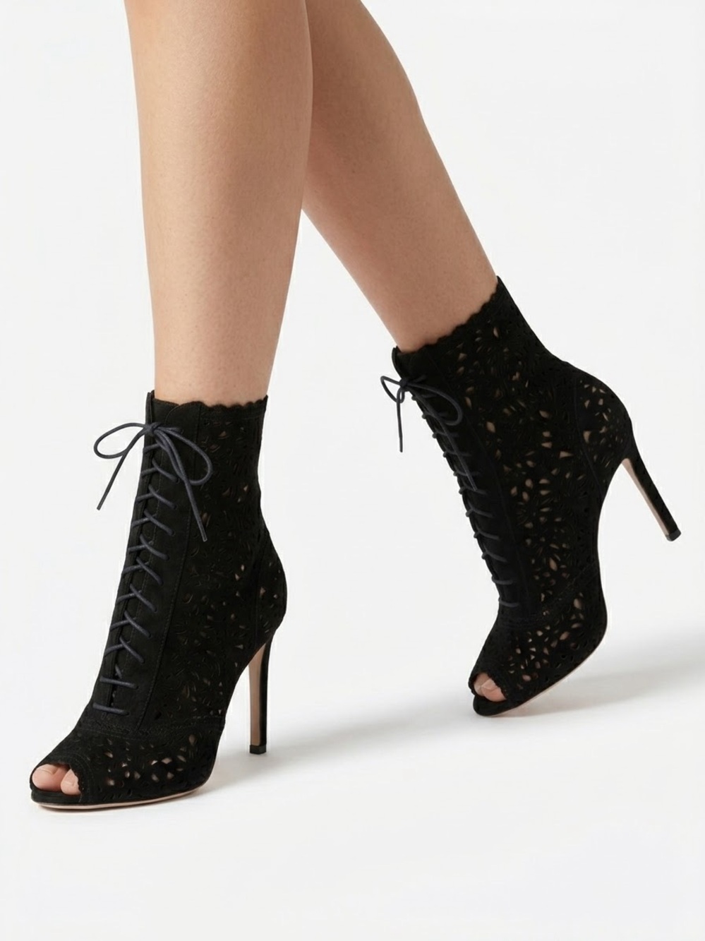 Valentino Garavani Laser Cut Lace Up Peep Toe Ankle Boots Booties Heel Sz 39.5